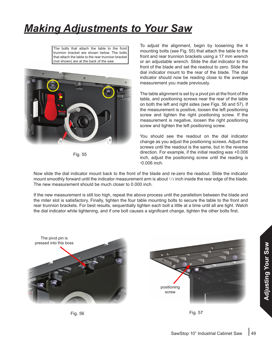 Making adjustments to your saw, Adjusting your saw | SawStop ICS73600 User Manual | Page 51 / 110