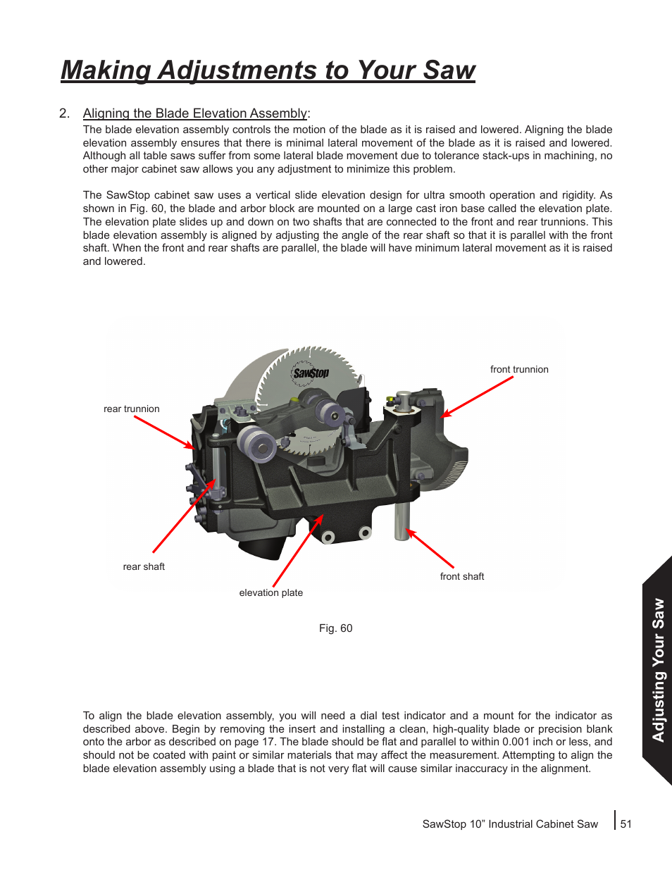 Making adjustments to your saw, Adjusting your saw | SawStop ICS73600 User Manual | Page 53 / 110