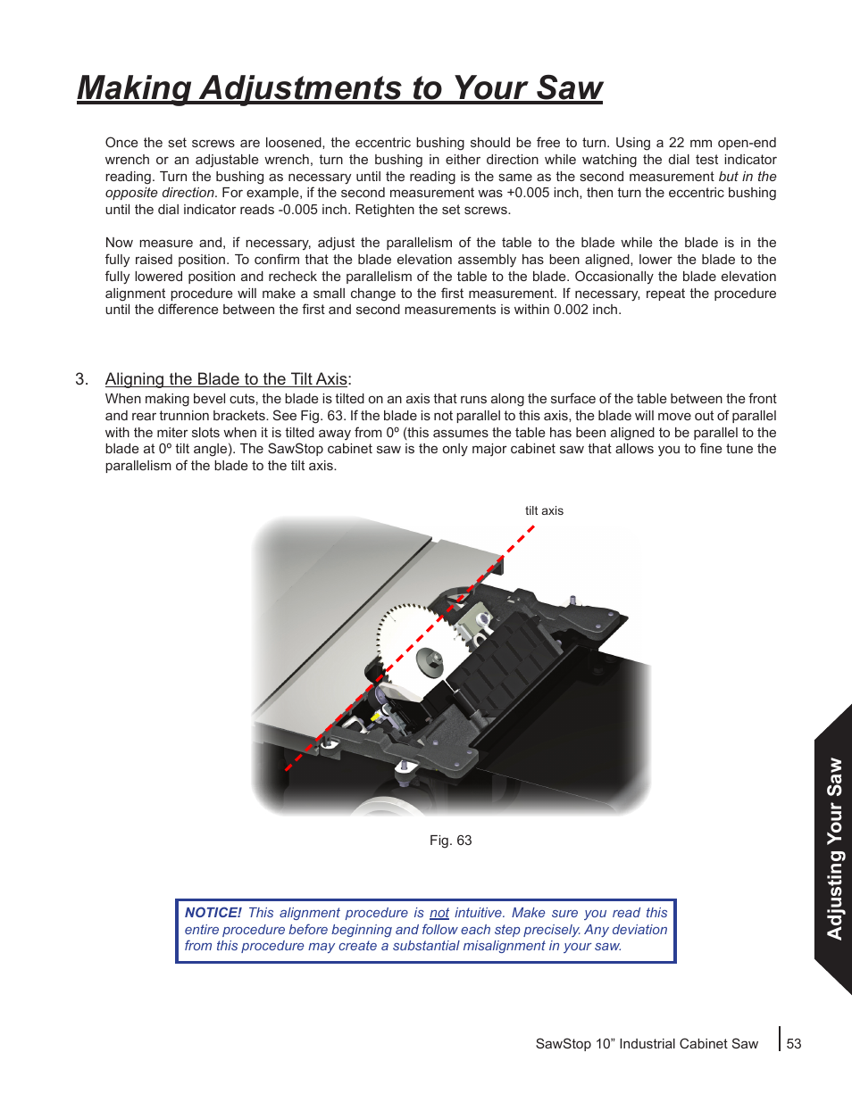 Making adjustments to your saw, Adjusting your saw | SawStop ICS73600 User Manual | Page 55 / 110