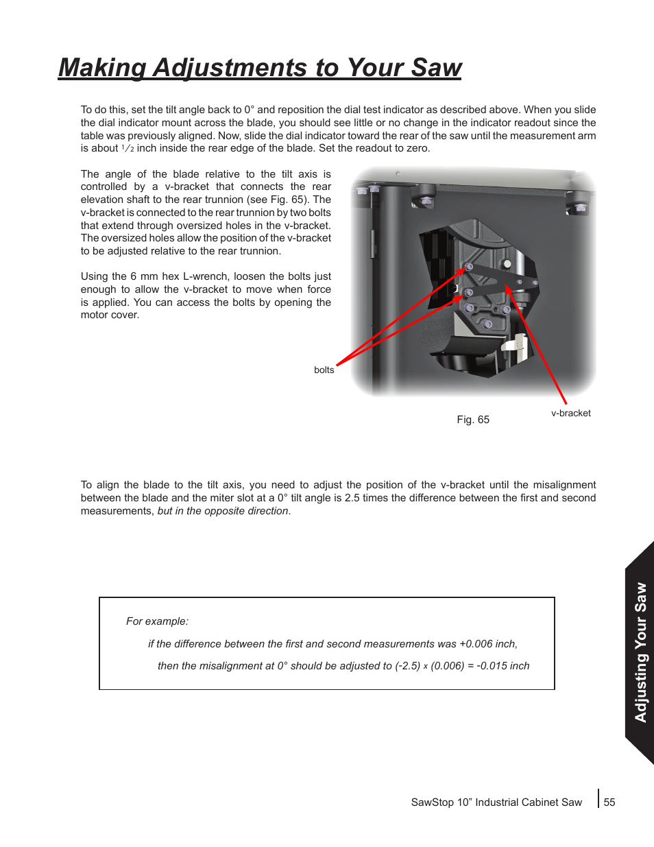 Making adjustments to your saw, Adjusting your saw | SawStop ICS73600 User Manual | Page 57 / 110