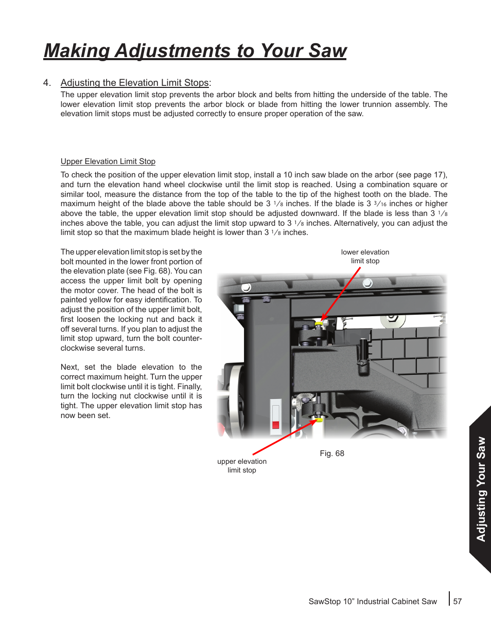 Making adjustments to your saw, Adjusting your saw | SawStop ICS73600 User Manual | Page 59 / 110