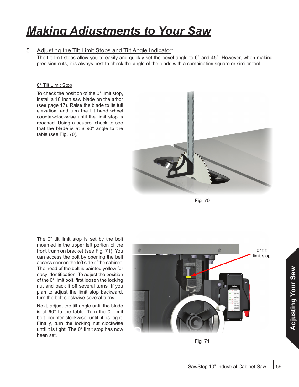 Making adjustments to your saw, Adjusting your saw | SawStop ICS73600 User Manual | Page 61 / 110