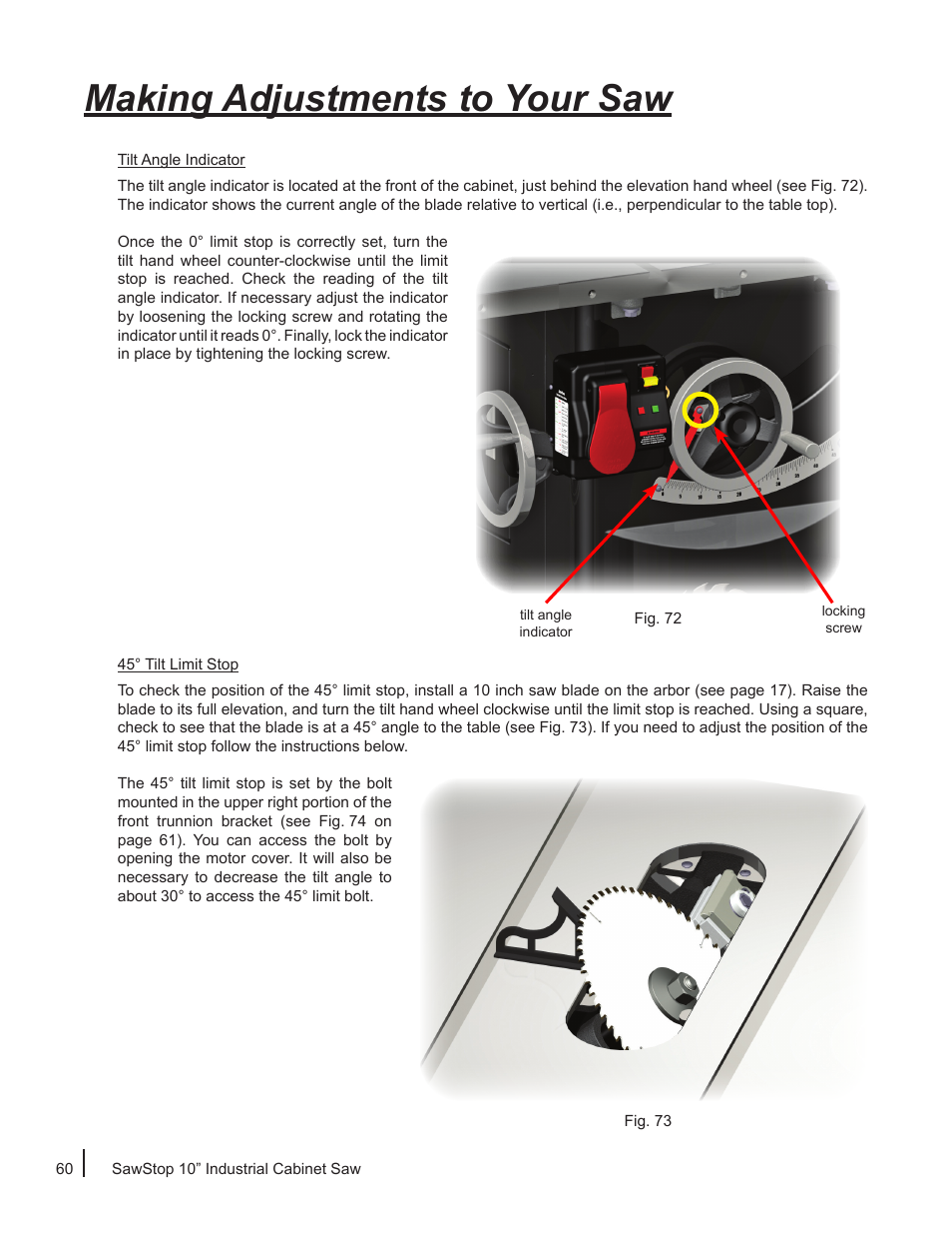 Making adjustments to your saw | SawStop ICS73600 User Manual | Page 62 / 110