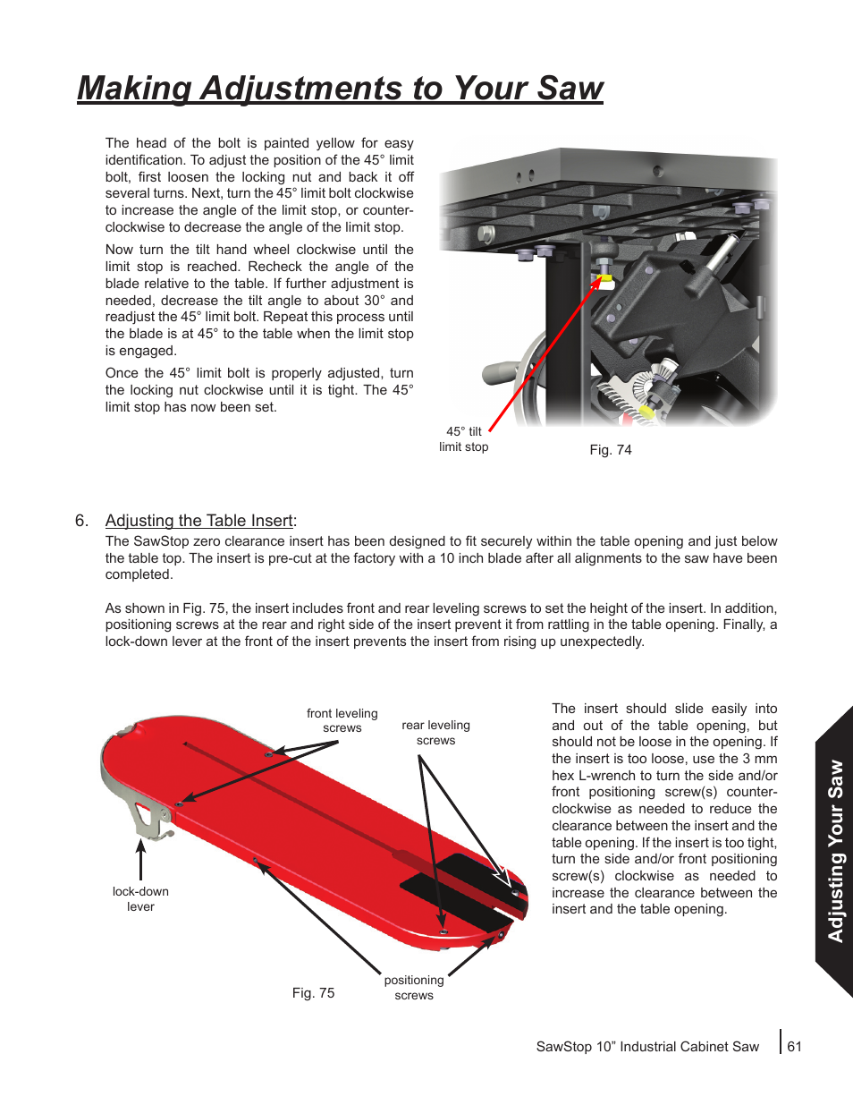 Making adjustments to your saw, Adjusting your saw | SawStop ICS73600 User Manual | Page 63 / 110