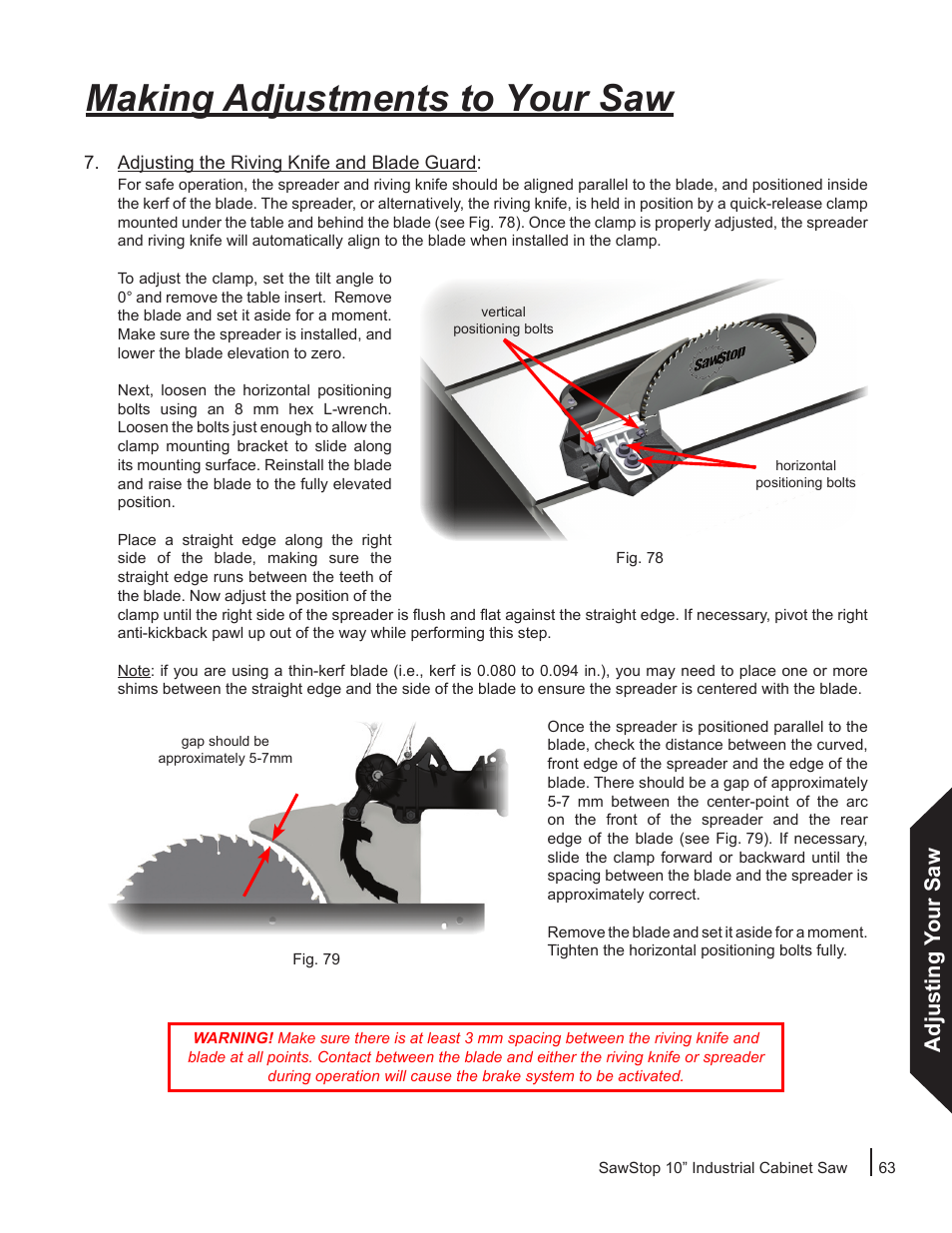 Making adjustments to your saw, Adjusting your saw | SawStop ICS73600 User Manual | Page 65 / 110