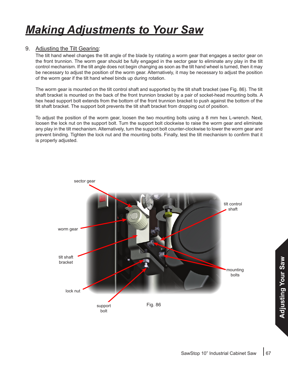 Making adjustments to your saw, Adjusting your saw | SawStop ICS73600 User Manual | Page 69 / 110