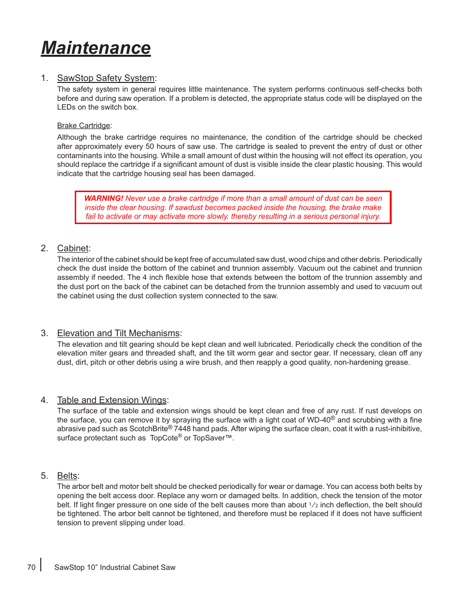 Maintenance | SawStop ICS73600 User Manual | Page 72 / 110