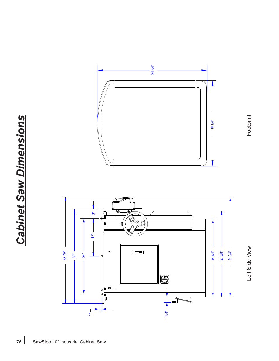 Cabinet saw dimensions | SawStop ICS73600 User Manual | Page 78 / 110