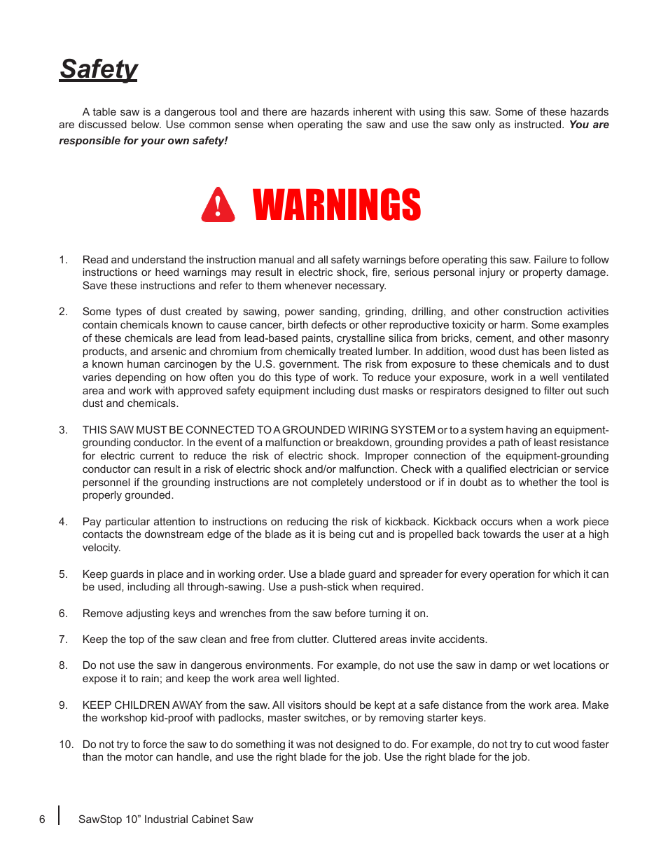 Warnings, Safety | SawStop ICS73600 User Manual | Page 8 / 110