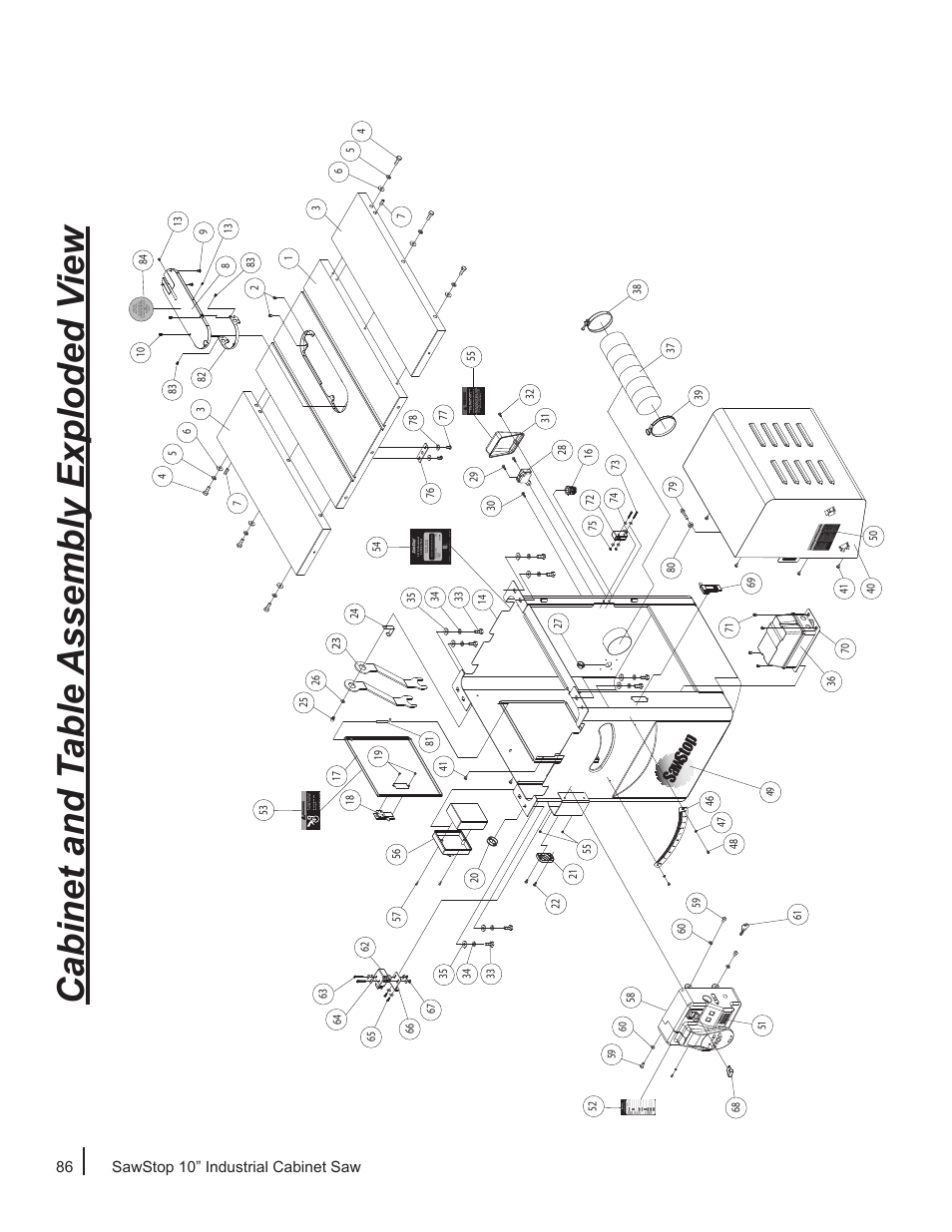 Cabinet and t able assembly exploded v iew | SawStop ICS73600 User Manual | Page 88 / 110