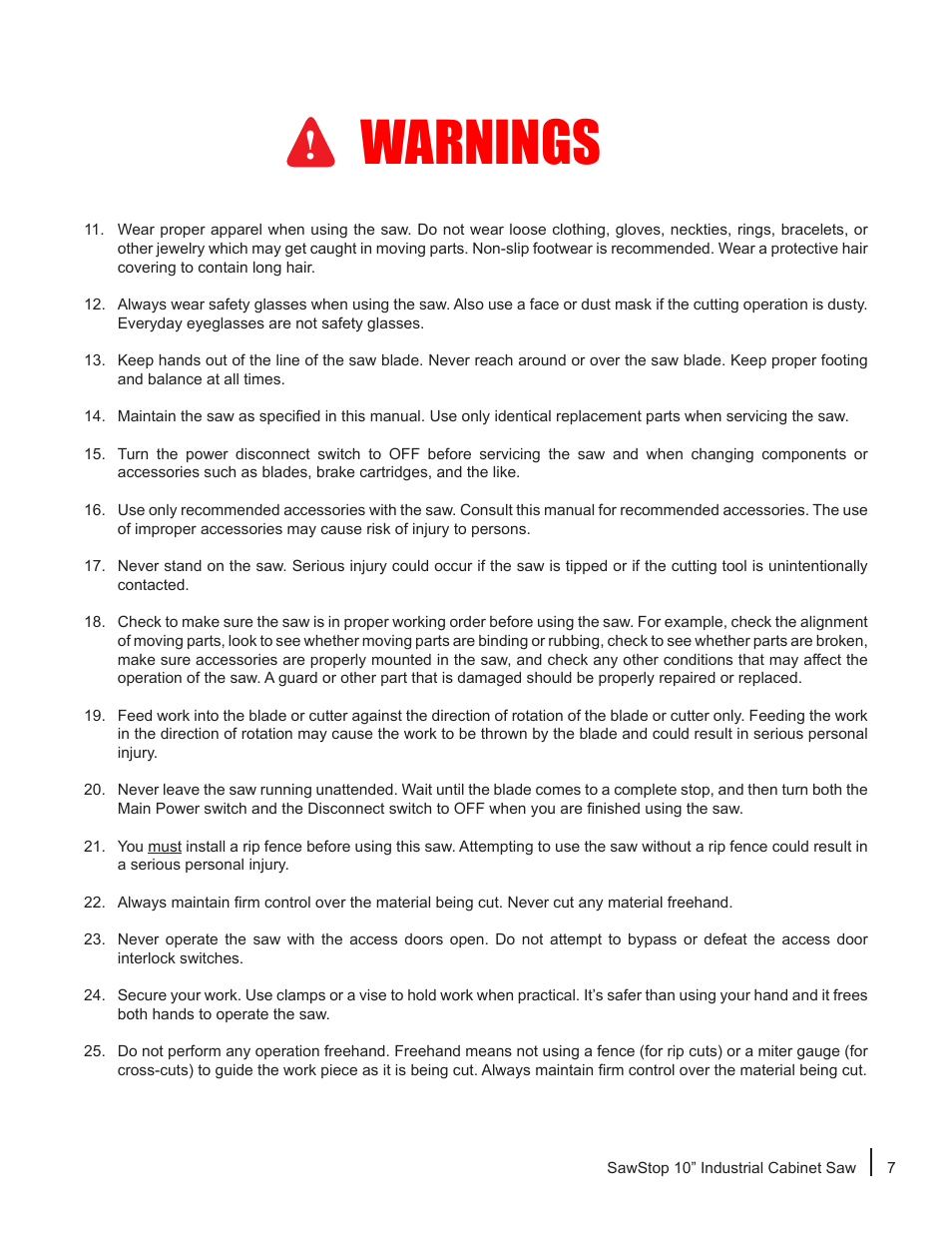 Warnings | SawStop ICS73600 User Manual | Page 9 / 110