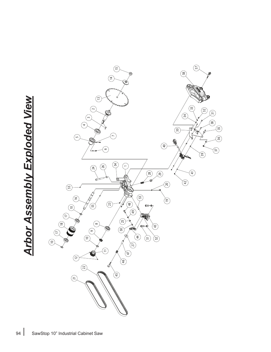 Arbor assembly exploded v iew | SawStop ICS73600 User Manual | Page 96 / 110