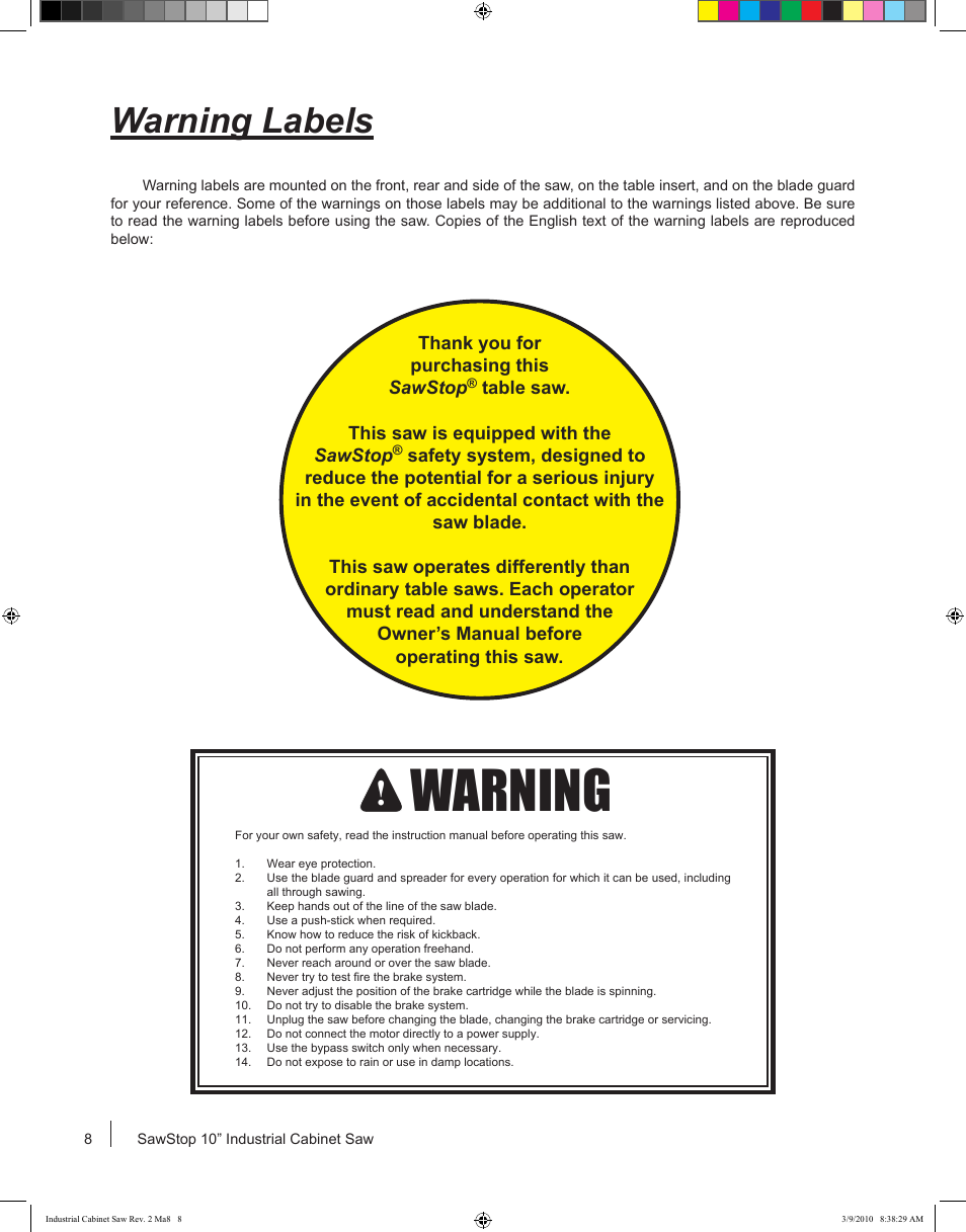 Warning, Warning labels | SawStop ICS73600 User Manual | Page 10 / 108