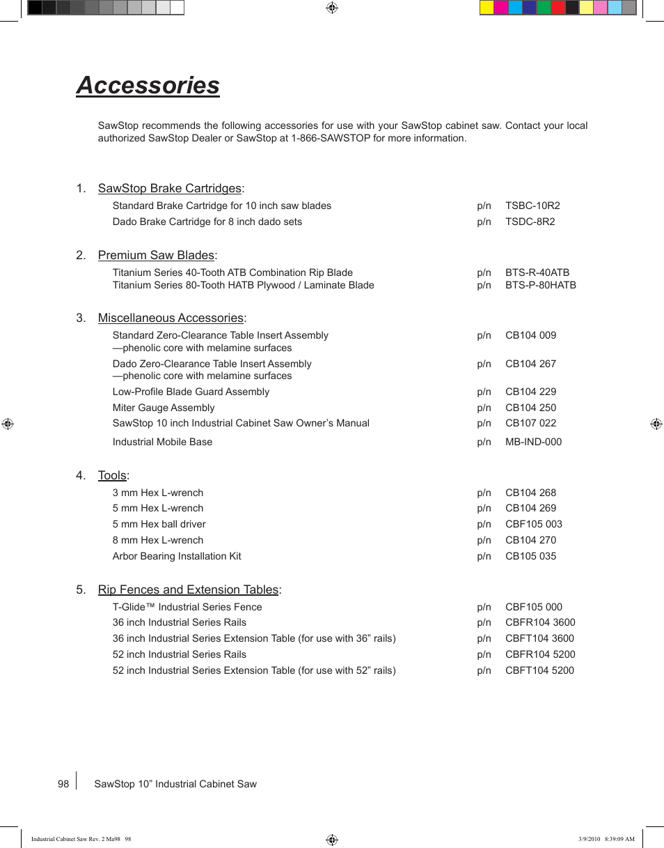 Accessories | SawStop ICS73600 User Manual | Page 100 / 108