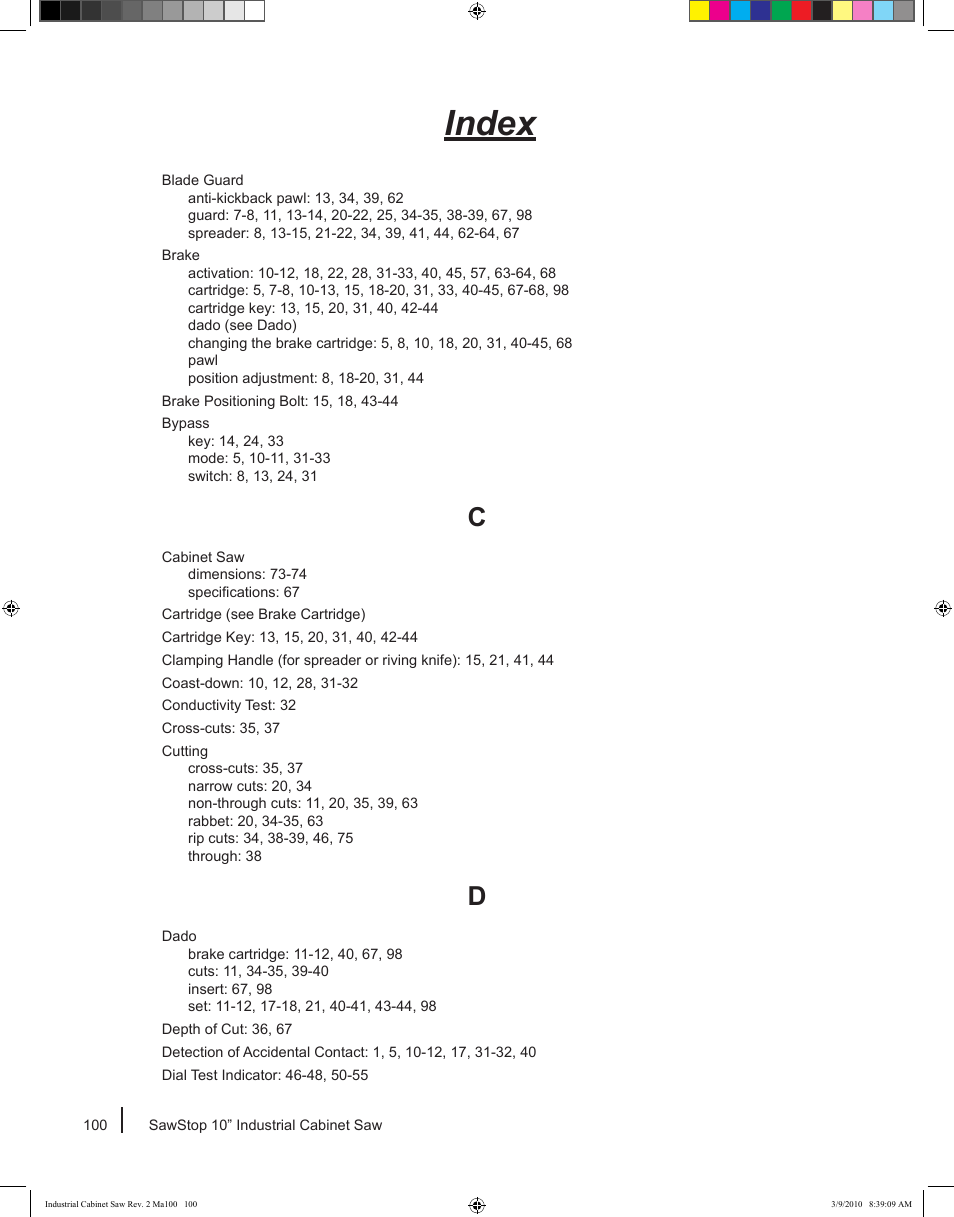 Index | SawStop ICS73600 User Manual | Page 102 / 108