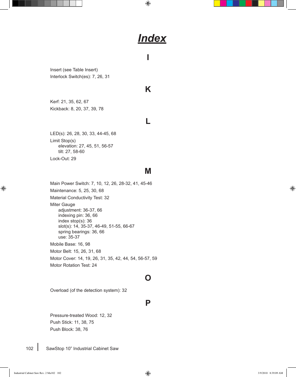 Index | SawStop ICS73600 User Manual | Page 104 / 108