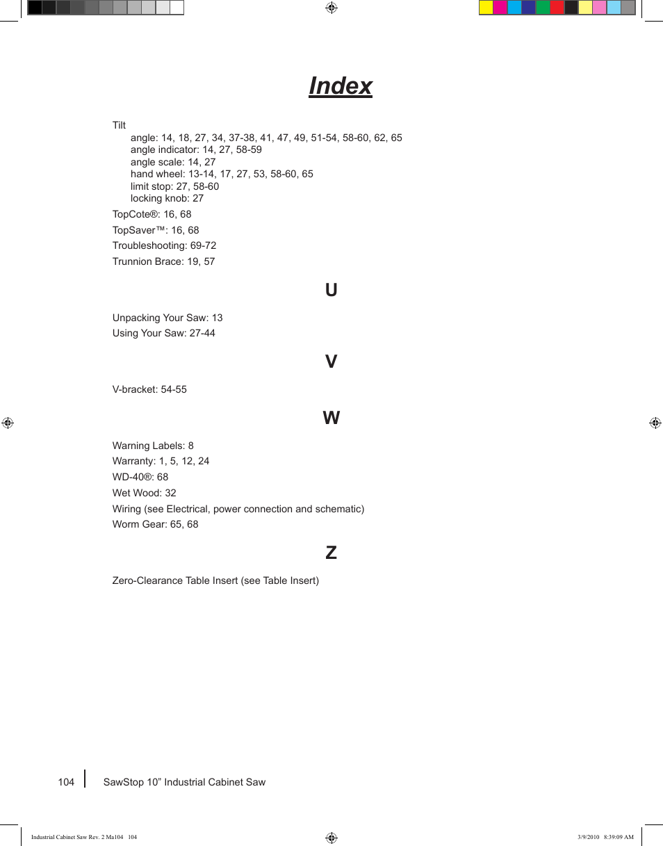 Index | SawStop ICS73600 User Manual | Page 106 / 108