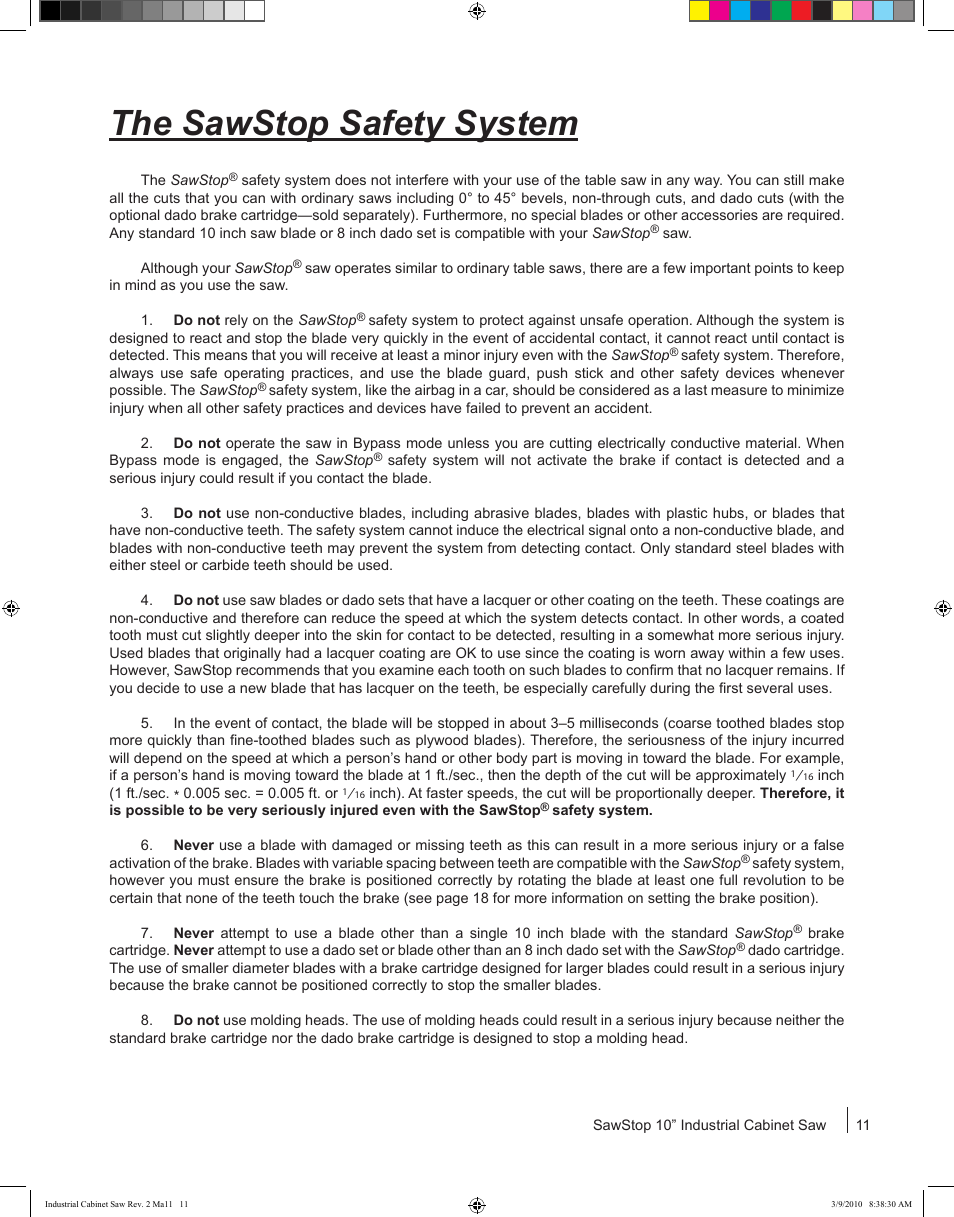 The sawstop safety system | SawStop ICS73600 User Manual | Page 13 / 108