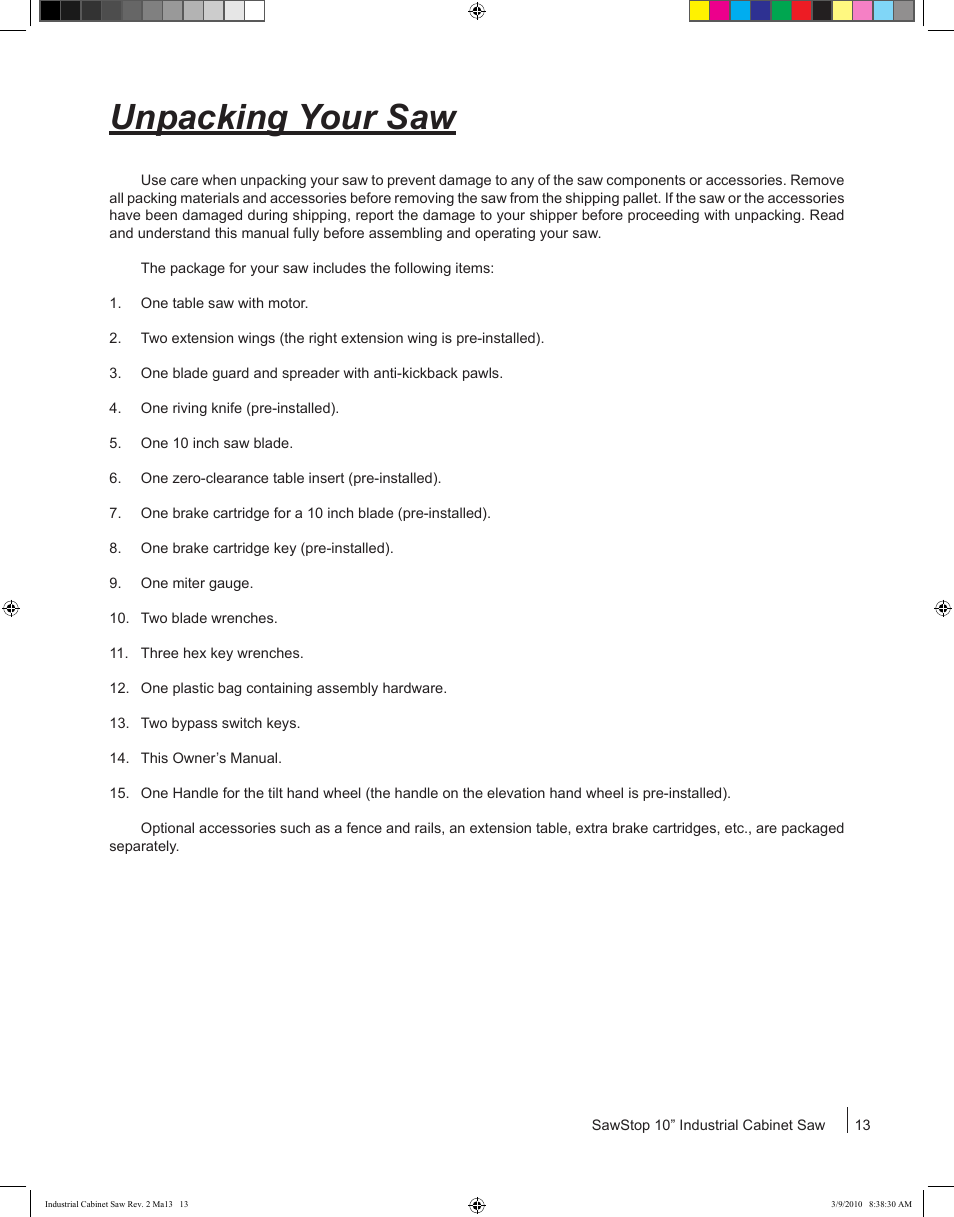 Unpacking your saw | SawStop ICS73600 User Manual | Page 15 / 108