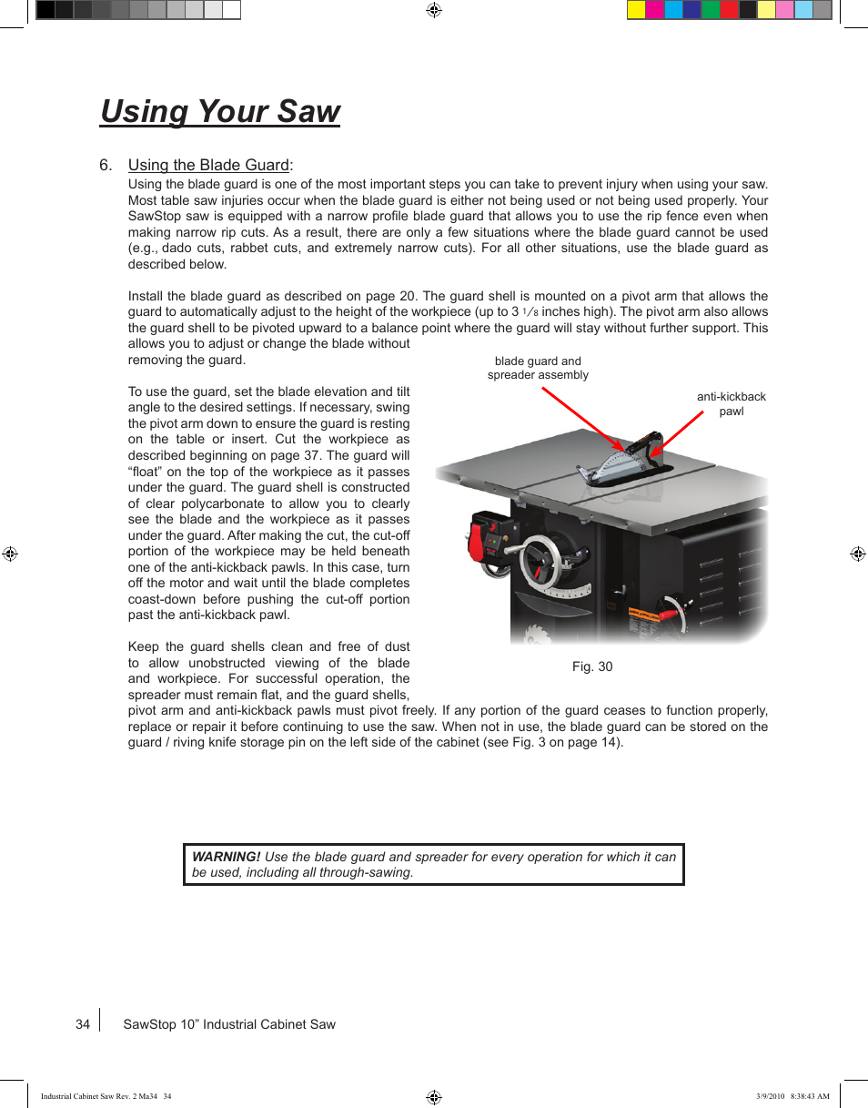 Using your saw | SawStop ICS73600 User Manual | Page 36 / 108