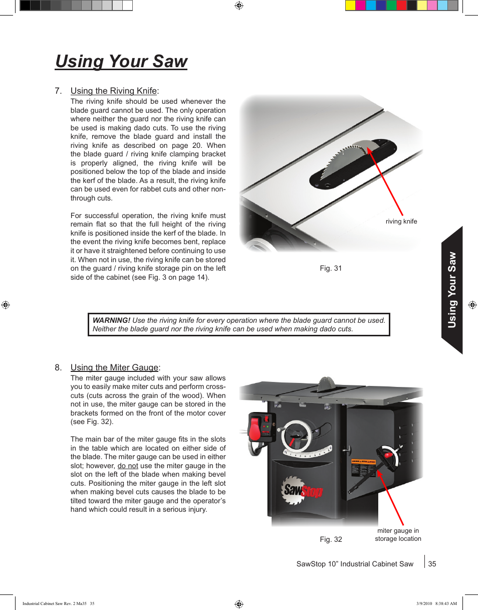 Using your saw | SawStop ICS73600 User Manual | Page 37 / 108