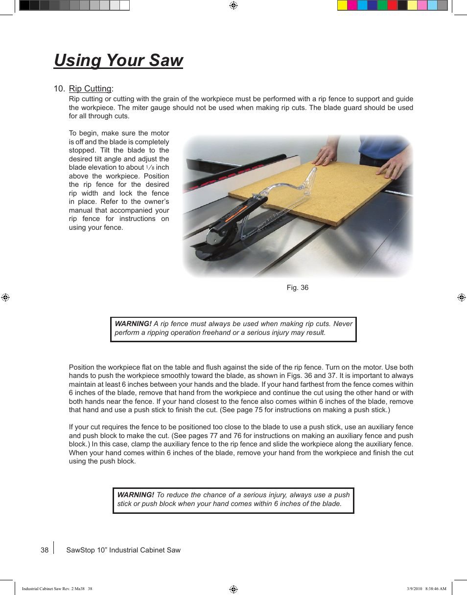 Using your saw | SawStop ICS73600 User Manual | Page 40 / 108