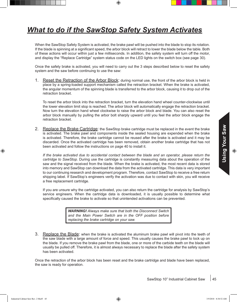 What to do if the sawstop safety system activates, Using your saw | SawStop ICS73600 User Manual | Page 47 / 108