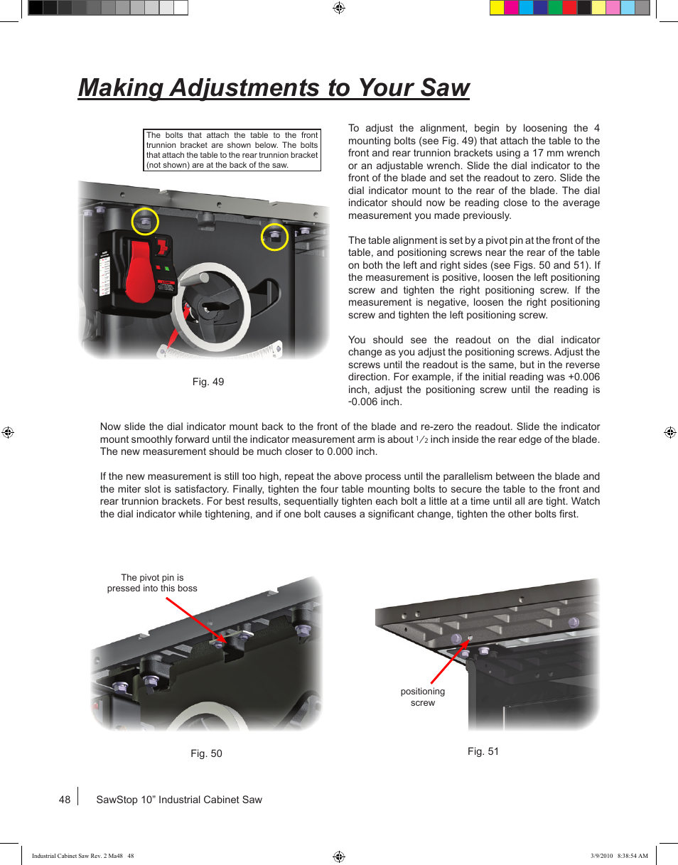 Making adjustments to your saw | SawStop ICS73600 User Manual | Page 50 / 108