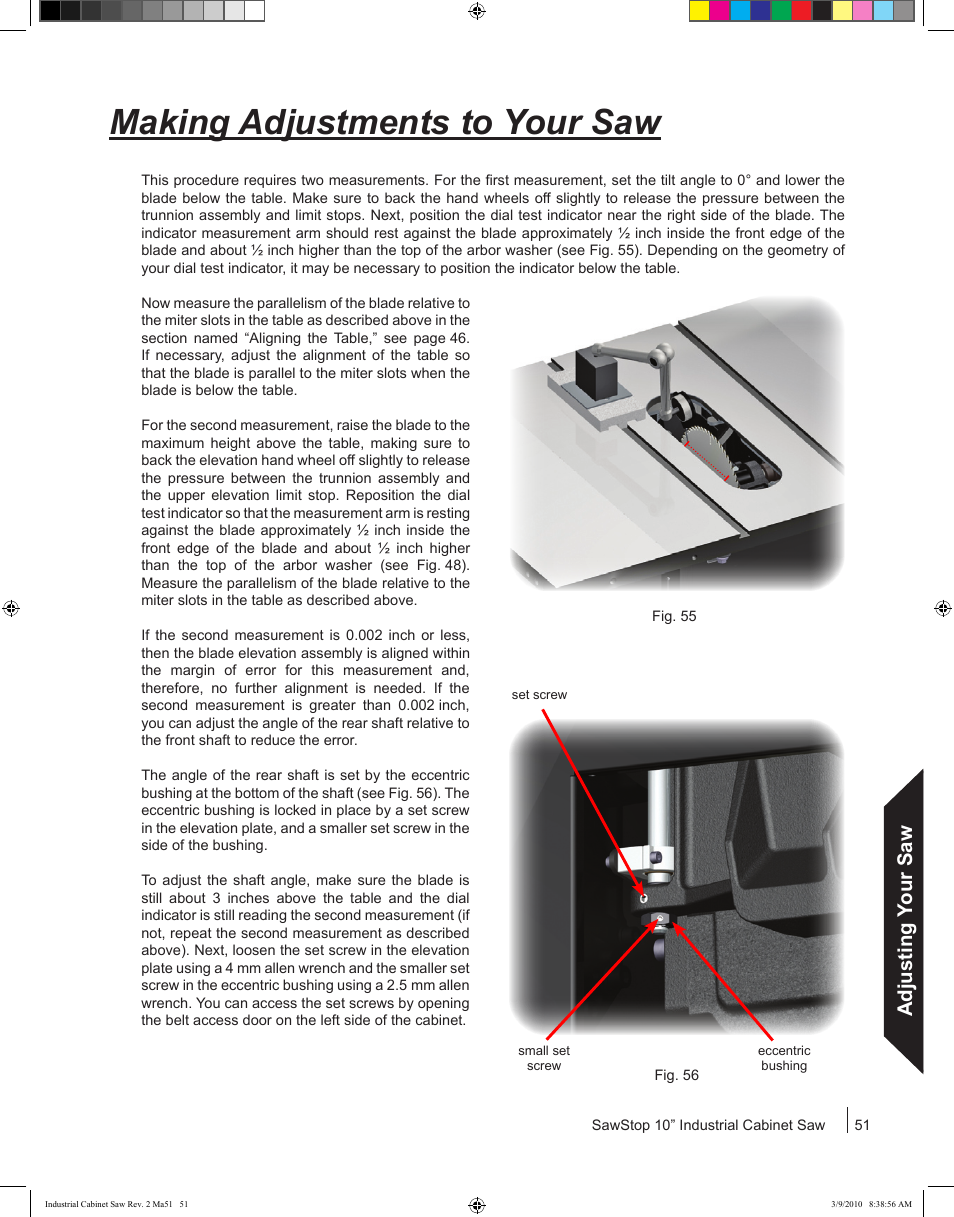 Making adjustments to your saw, Adjusting your saw | SawStop ICS73600 User Manual | Page 53 / 108