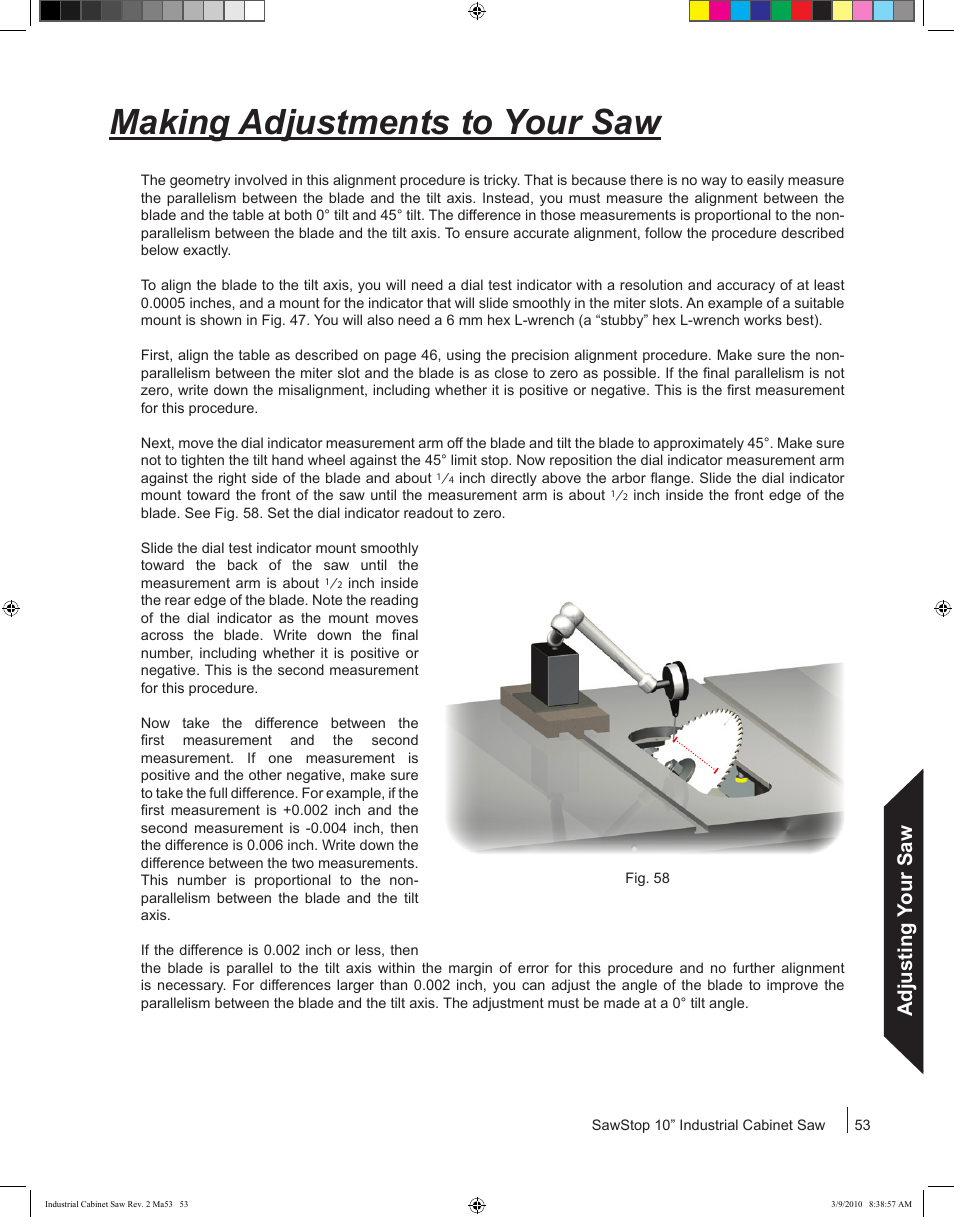 Making adjustments to your saw, Adjusting your saw | SawStop ICS73600 User Manual | Page 55 / 108