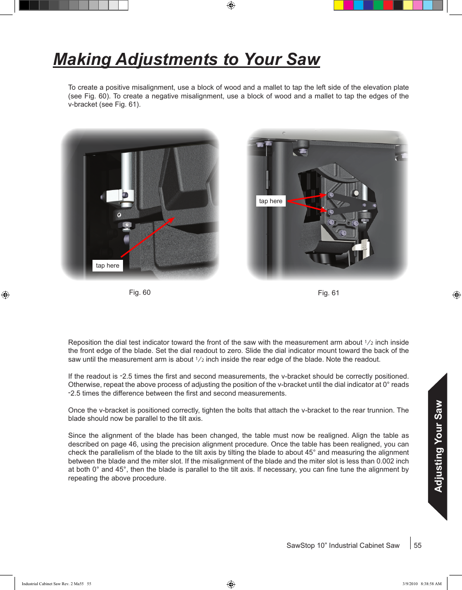 Making adjustments to your saw, Adjusting your saw | SawStop ICS73600 User Manual | Page 57 / 108