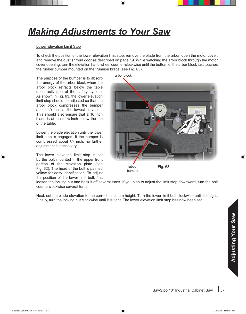 Making adjustments to your saw, Adjusting your saw | SawStop ICS73600 User Manual | Page 59 / 108