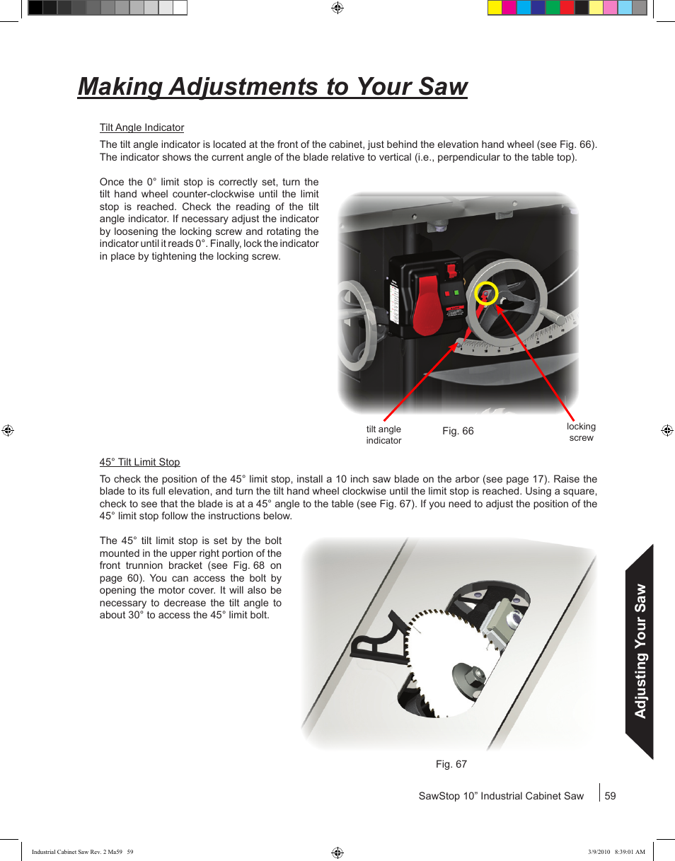 Making adjustments to your saw, Adjusting your saw | SawStop ICS73600 User Manual | Page 61 / 108