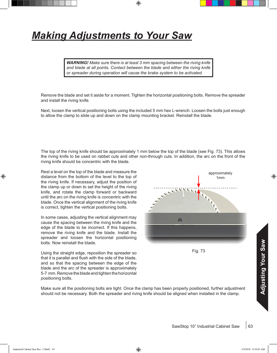 Making adjustments to your saw, Adjusting your saw | SawStop ICS73600 User Manual | Page 65 / 108