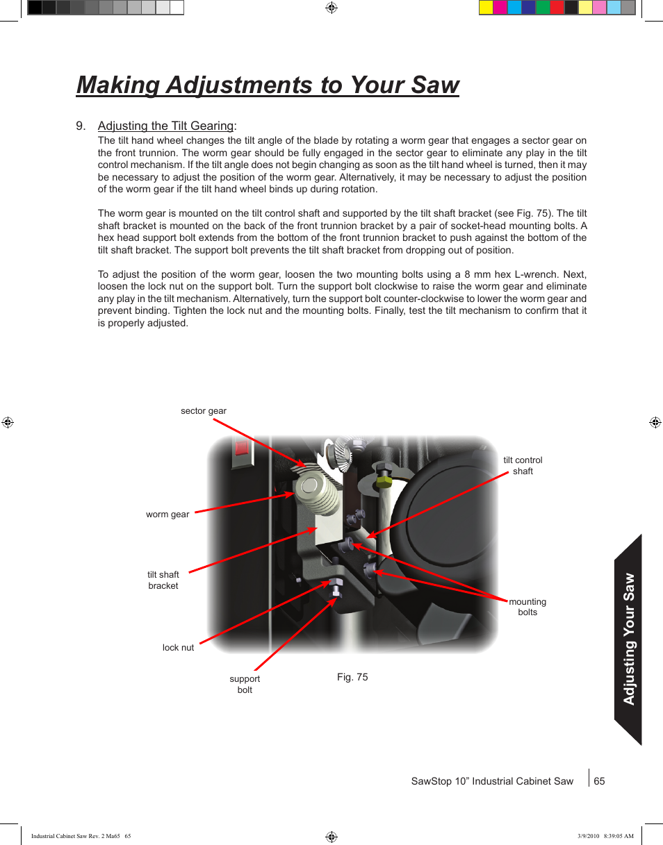 Making adjustments to your saw, Adjusting your saw | SawStop ICS73600 User Manual | Page 67 / 108