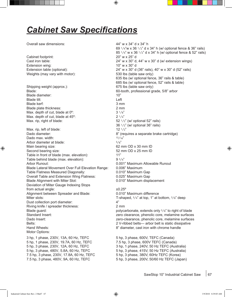 Cabinet saw specifications | SawStop ICS73600 User Manual | Page 69 / 108