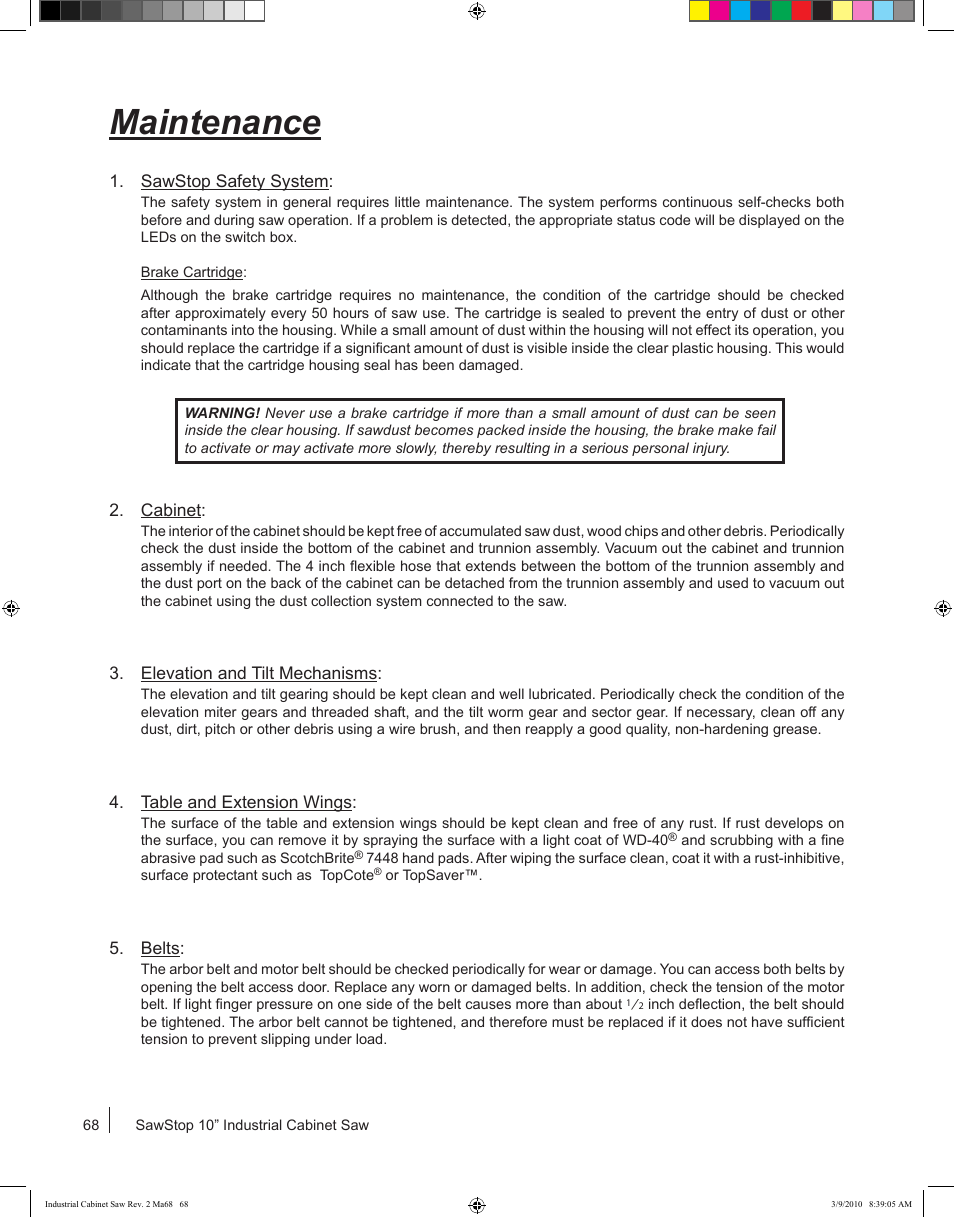 Maintenance | SawStop ICS73600 User Manual | Page 70 / 108