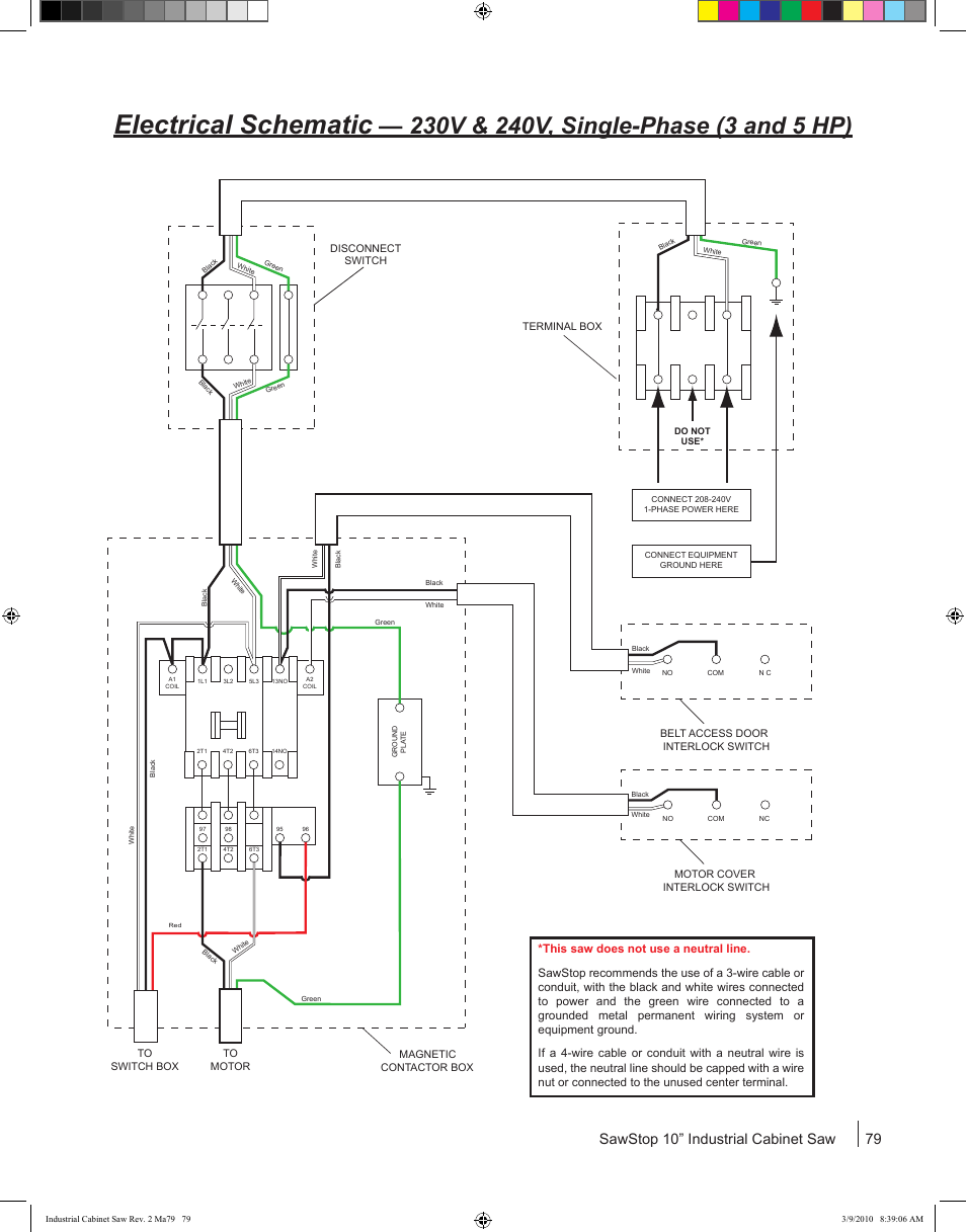 Electrical schematic, Sawstop 10” industrial cabinet saw 79 | SawStop ICS73600 User Manual | Page 81 / 108