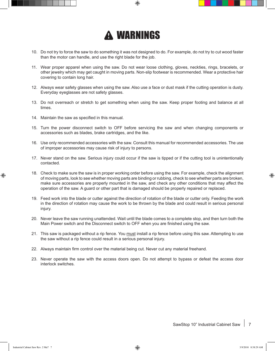 Warnings | SawStop ICS73600 User Manual | Page 9 / 108