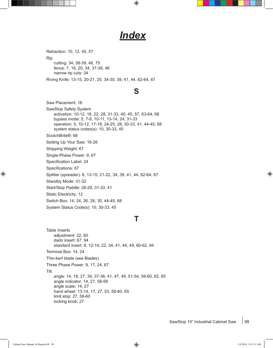 Index | SawStop CB73480 User Manual | Page 101 / 104