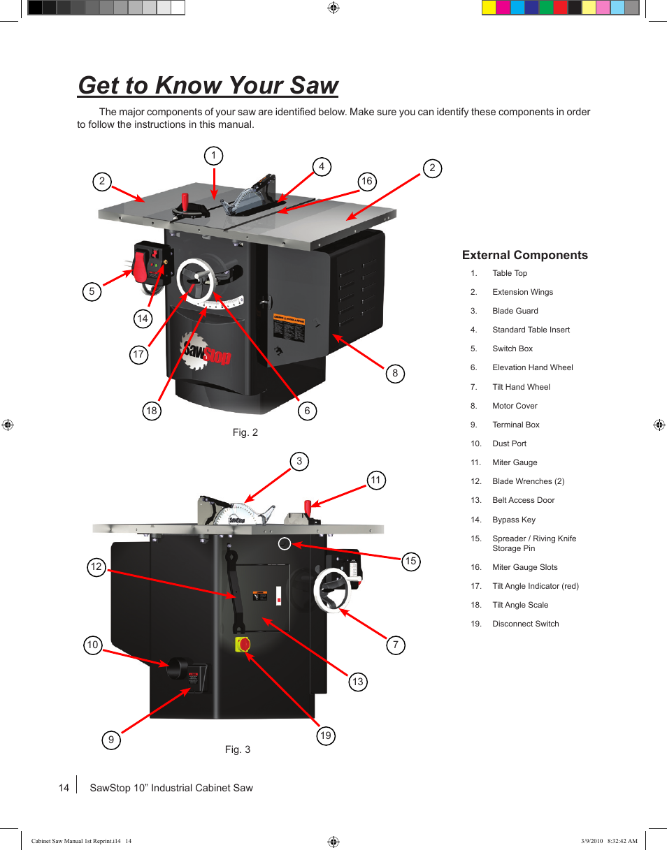 Get to know your saw, External components | SawStop CB73480 User Manual | Page 16 / 104