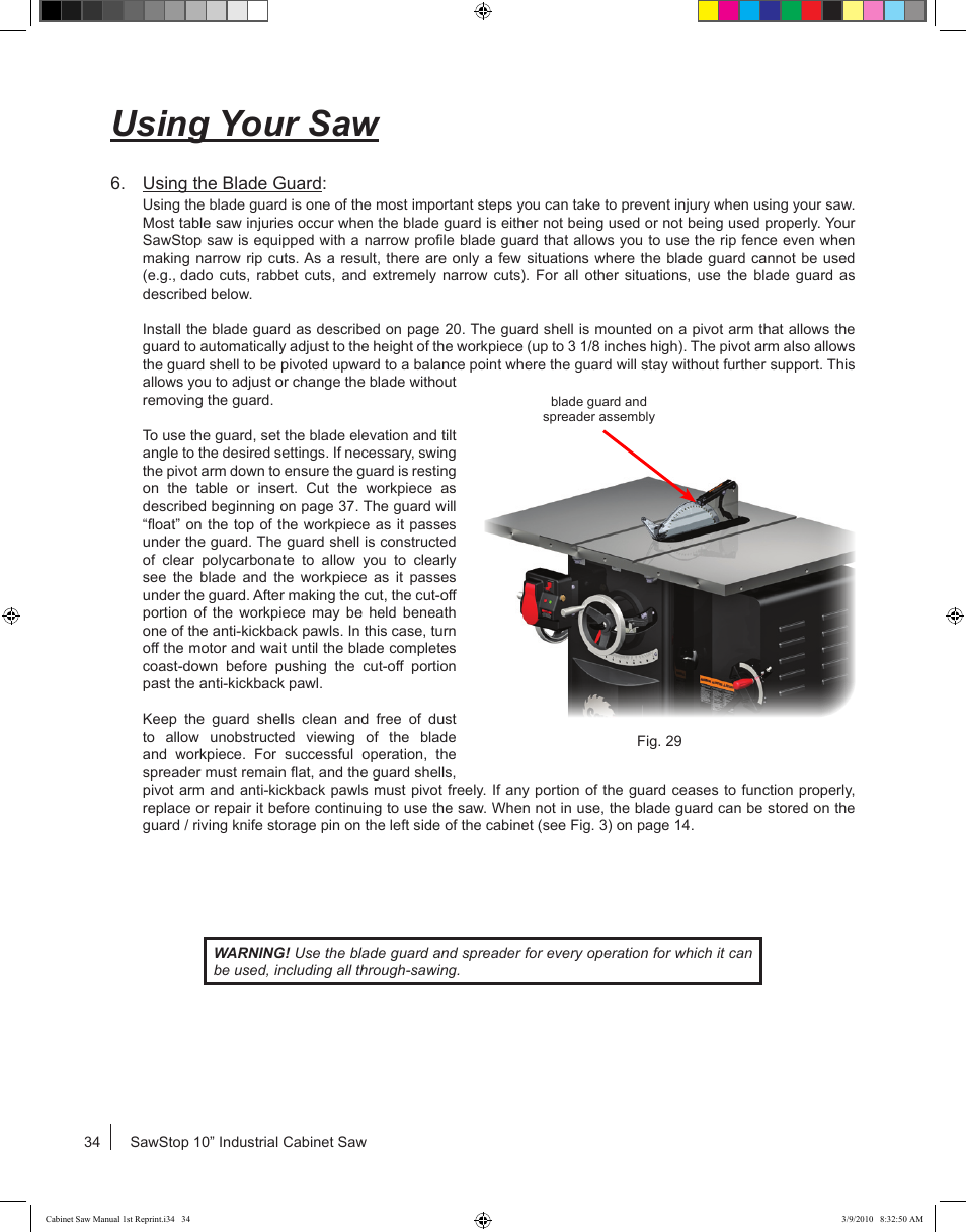 Using your saw | SawStop CB73480 User Manual | Page 36 / 104