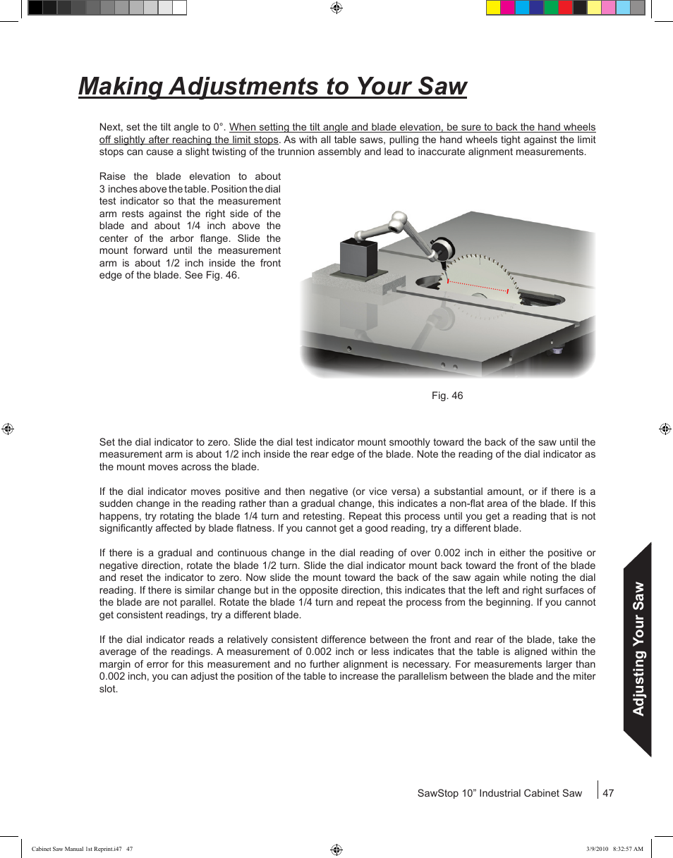 Making adjustments to your saw, Adjusting your saw | SawStop CB73480 User Manual | Page 49 / 104