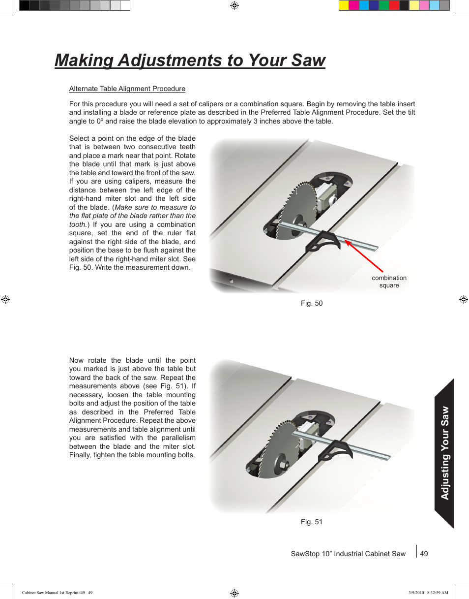 Making adjustments to your saw, Adjusting your saw | SawStop CB73480 User Manual | Page 51 / 104