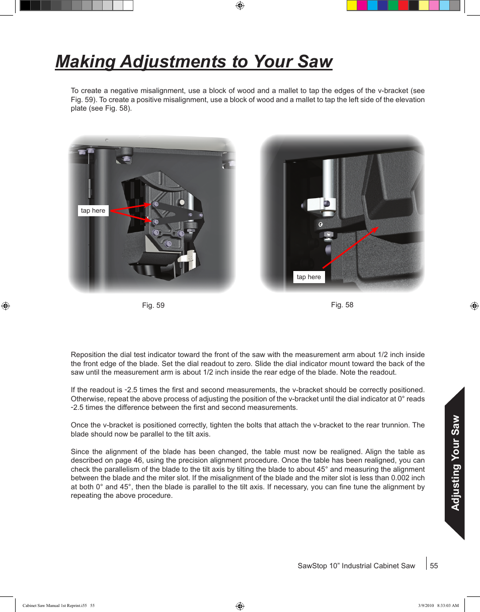 Making adjustments to your saw, Adjusting your saw | SawStop CB73480 User Manual | Page 57 / 104