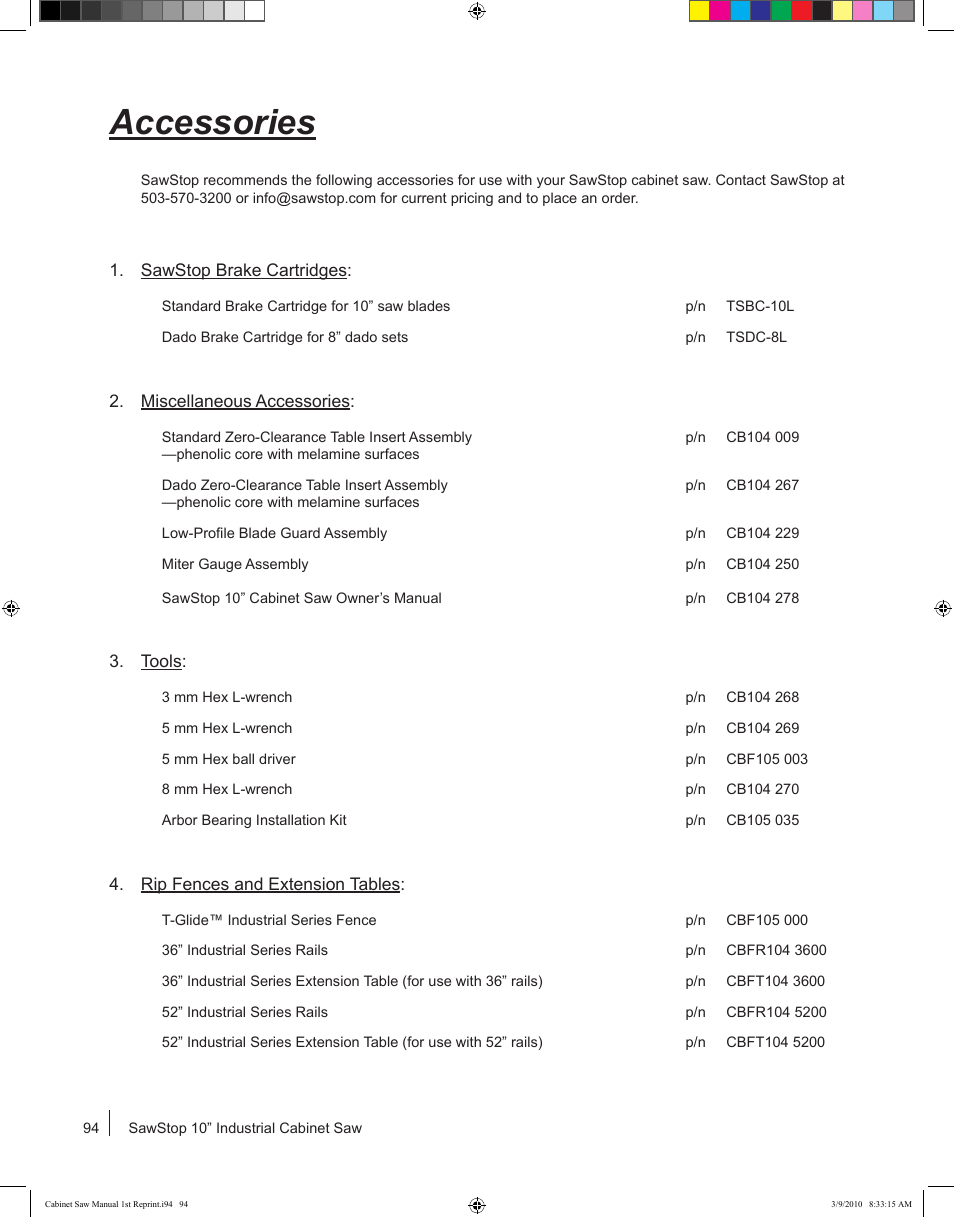 Accessories | SawStop CB73480 User Manual | Page 96 / 104