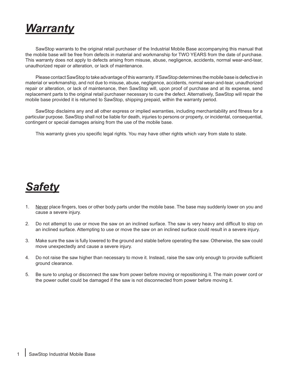 Safety warranty | SawStop Industrial Mobile Base User Manual | Page 2 / 8