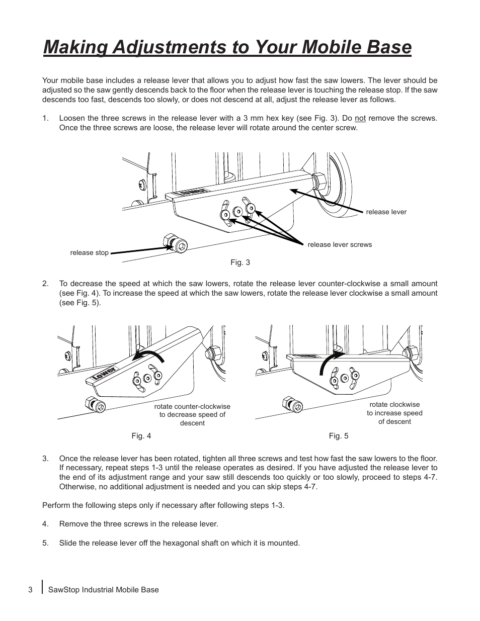 Making adjustments to your mobile base, Lower | SawStop Industrial Mobile Base User Manual | Page 4 / 8