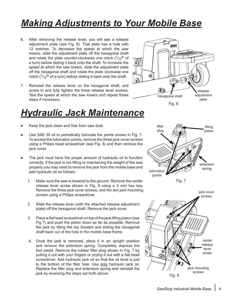 Making adjustments to your mobile base, Hydraulic jack maintenance | SawStop Industrial Mobile Base User Manual | Page 5 / 8