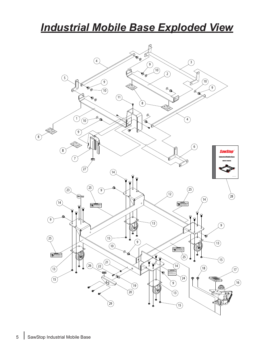 Industrial mobile base exploded view, 5 sawstop industrial mobile base, Model mb-ind-000 | SawStop Industrial Mobile Base User Manual | Page 6 / 8